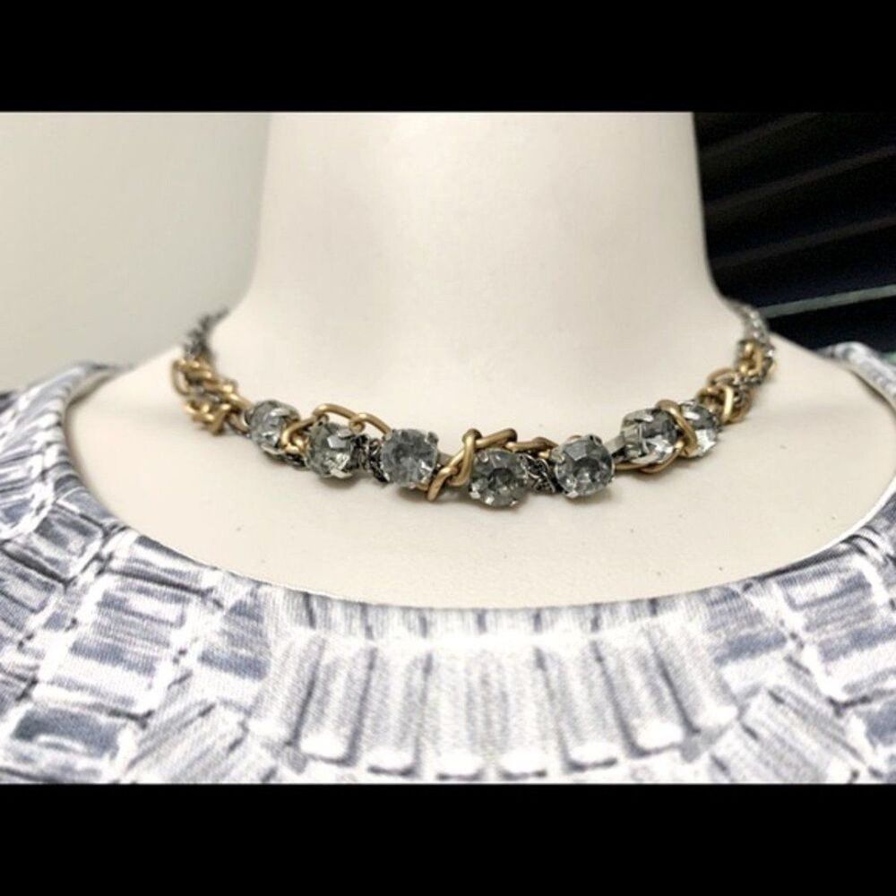 Multi Strand Gunmetal Gray and Gold Rhinestone 7” Short Chunky Necklace
